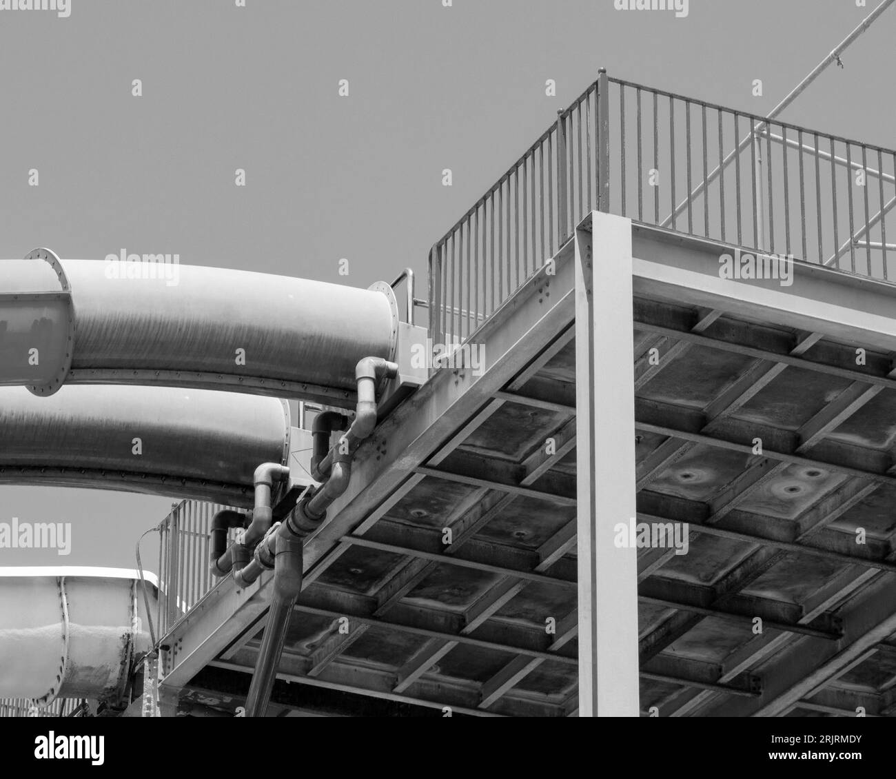 A back and white photograph of the Splash and Fun Water Park in a sunny day Stock Photo