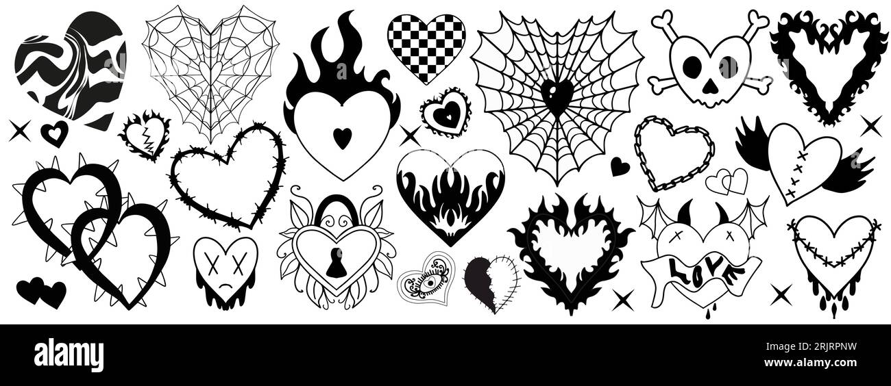 Y2k 2000s cute emo goth hearts stickers, tattoo art elements . Vintage black gloomy set heart. Gothic concept of creepy love. vector illustration. Stock Vector