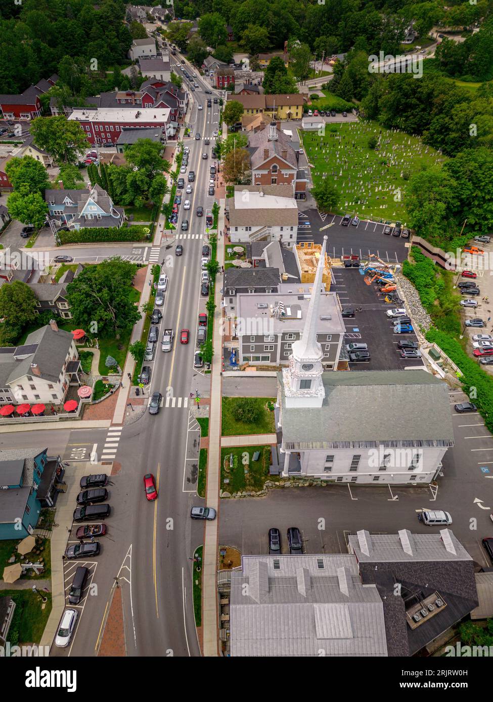 An aerial view of suburban houses and Stowe Community Church in Vermont, New England Stock Photo
