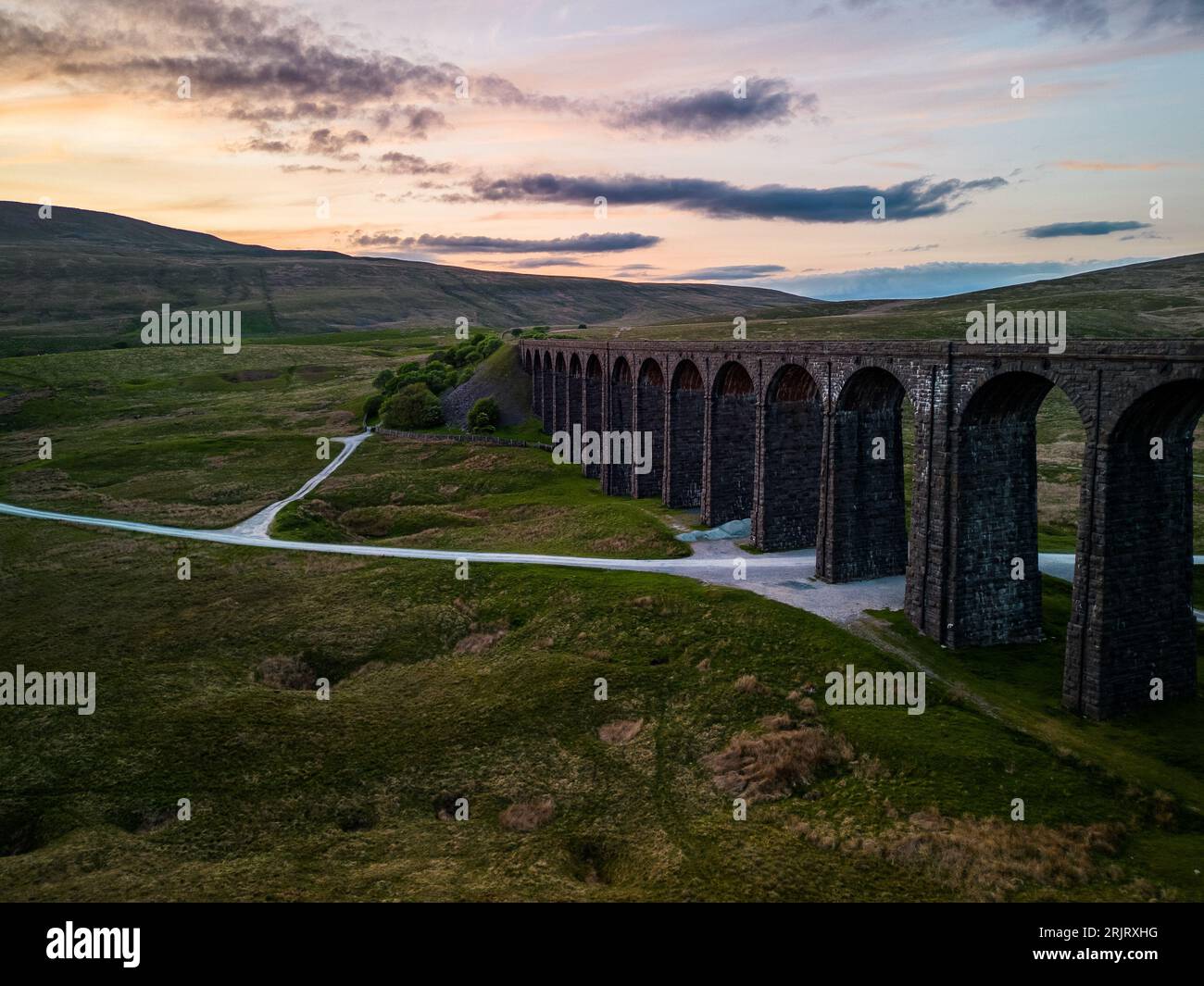 An aerial view of Ribblehead Viaduct in England at sunset Stock Photo