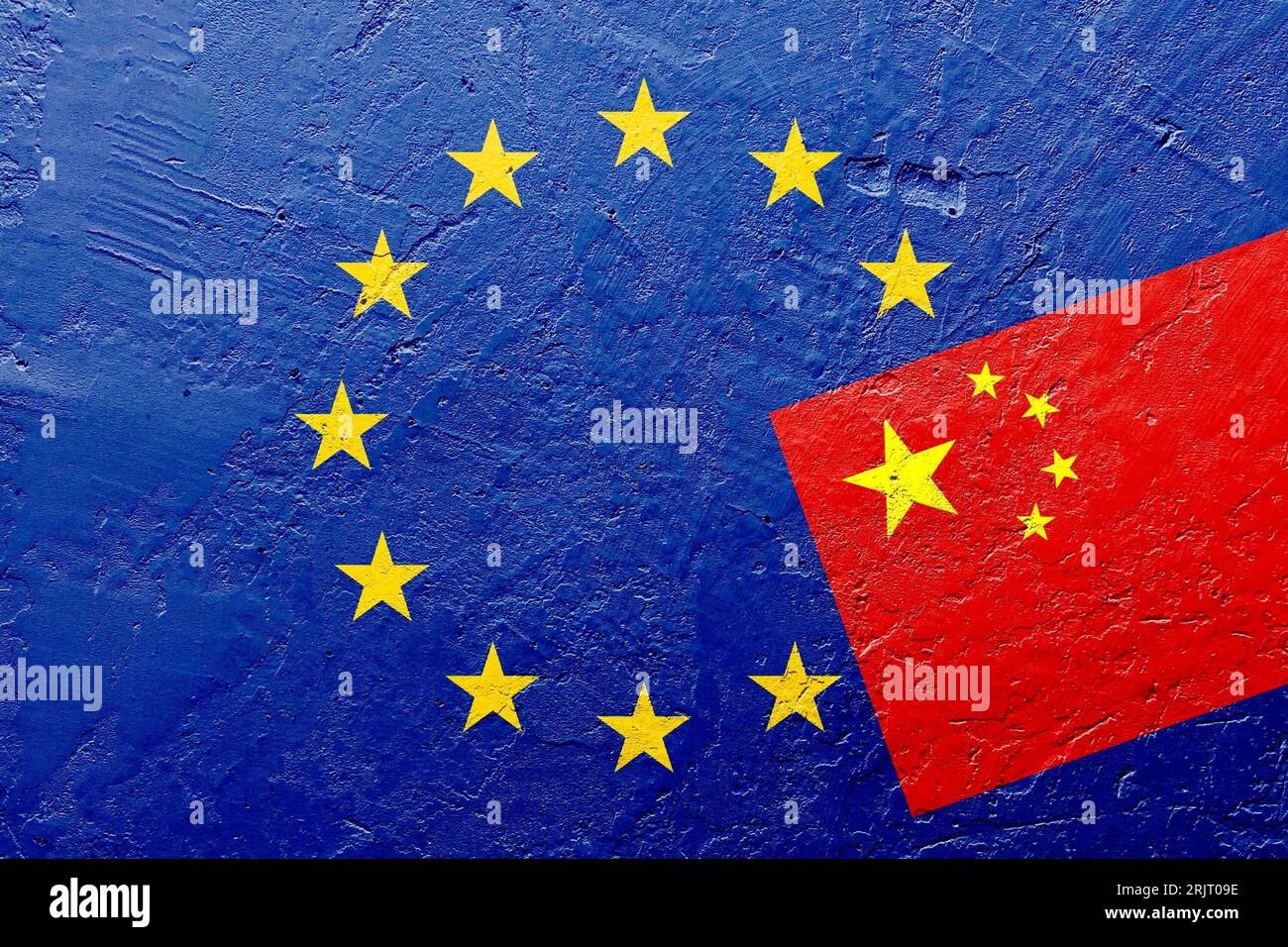 The China flag on the EU flag background Stock Photo