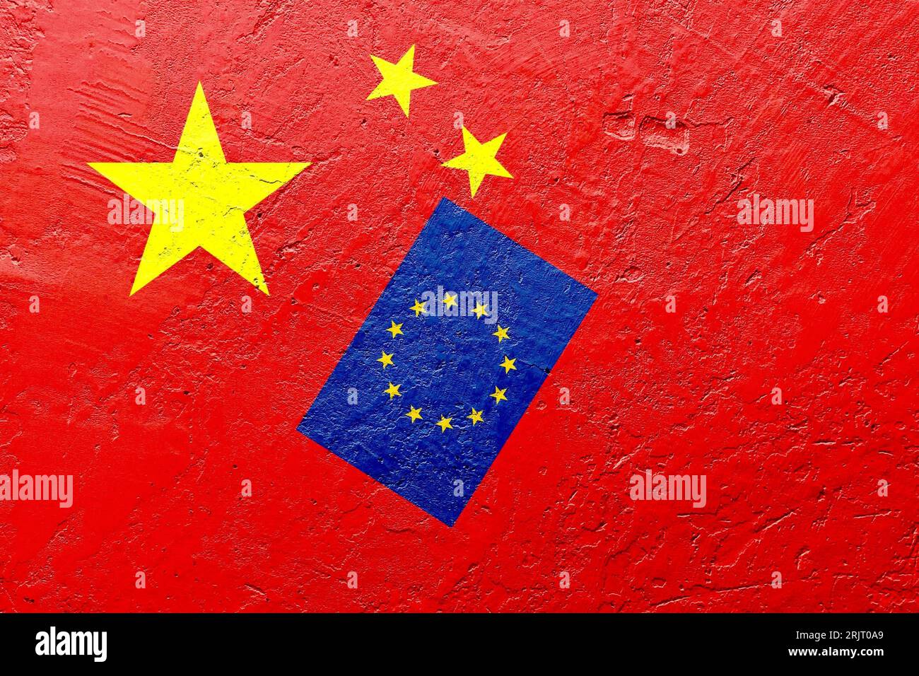 The EU flag on China flag background Stock Photo