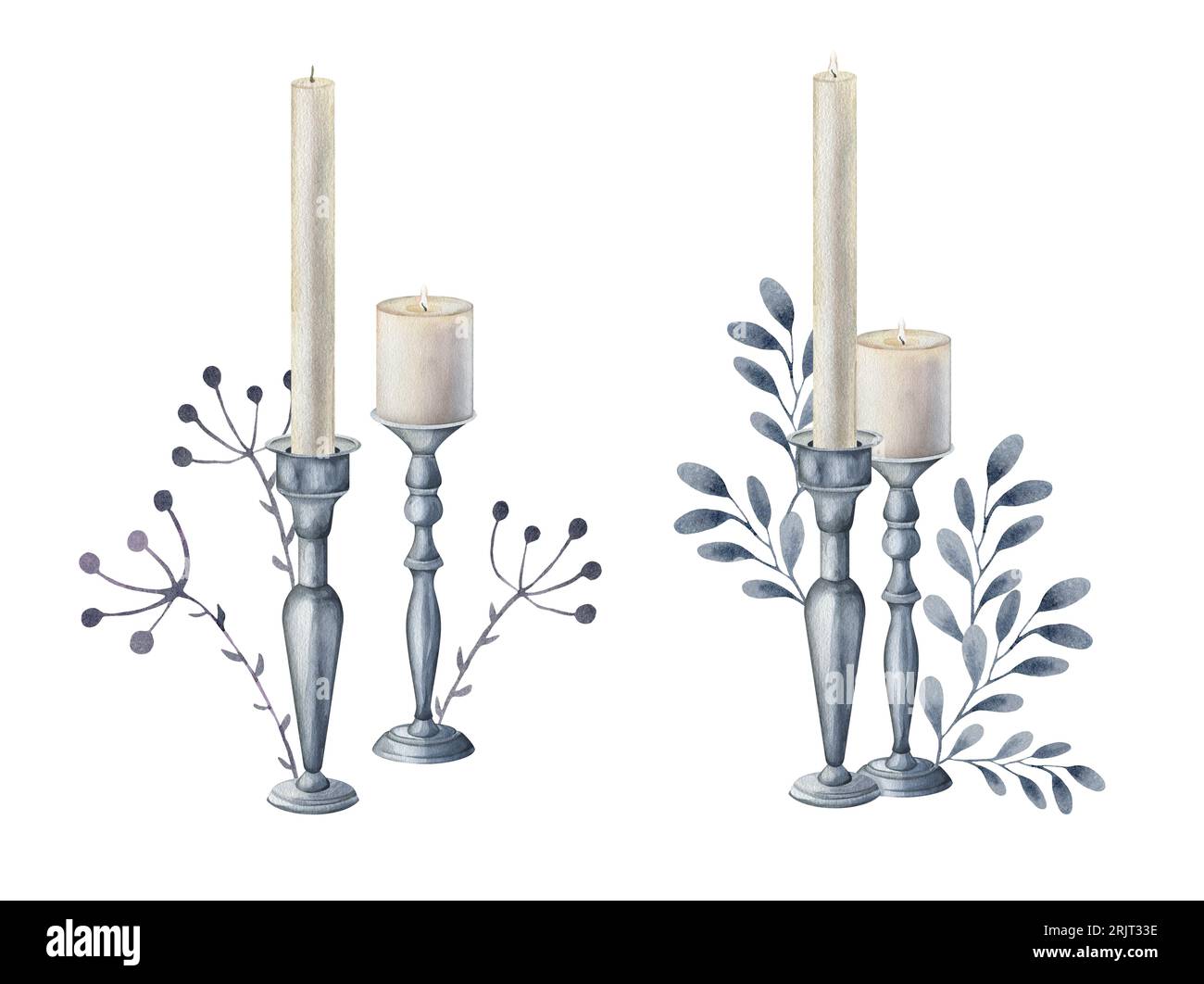 watercolor candlestick candle clipart. Isolated illustration hand drawn on white background. Halloween theme gothic horror witchy burning. print on Stock Photo