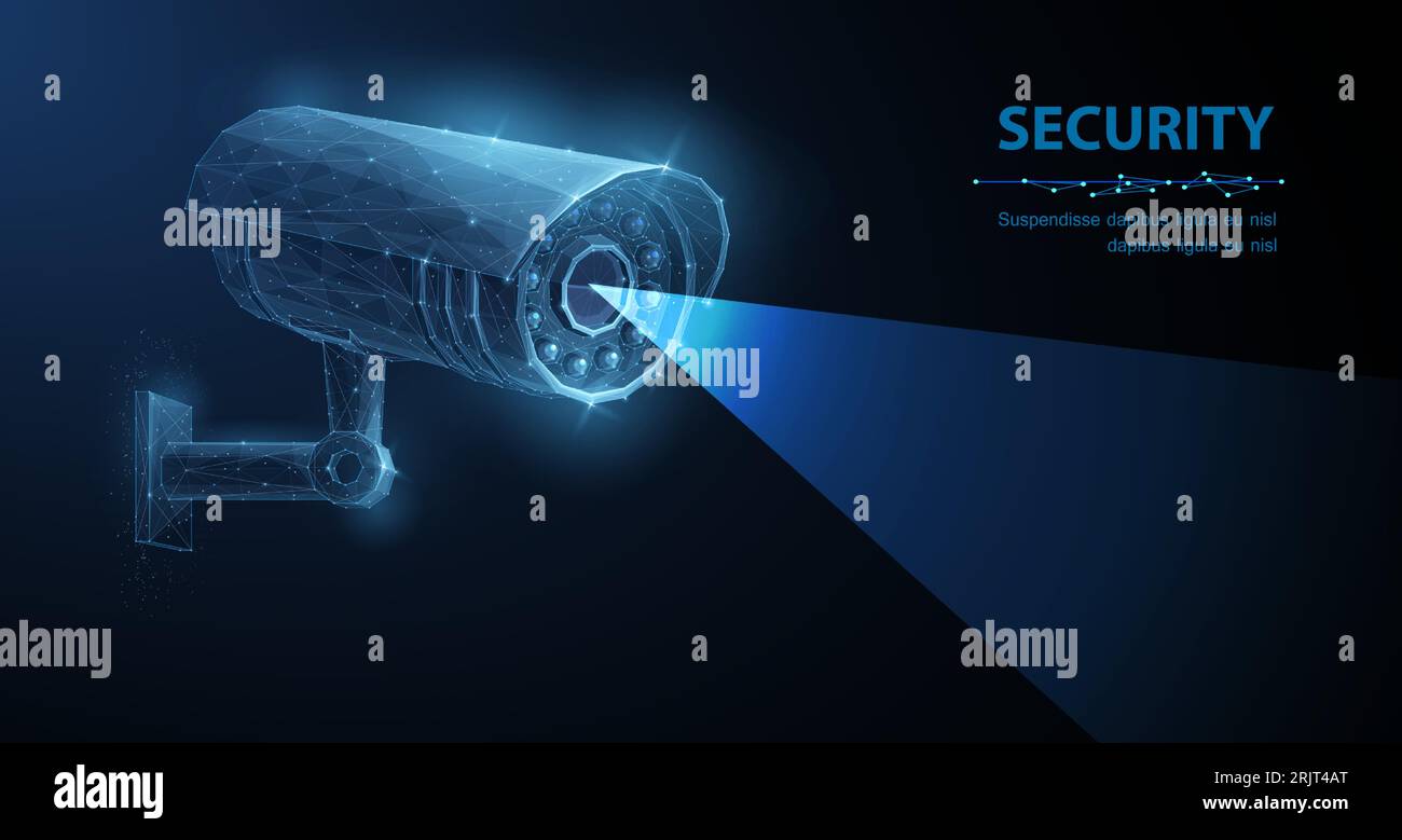 Security camera. Vector low pole illustration. Isolated on blue. Security system, smart home concept Stock Vector