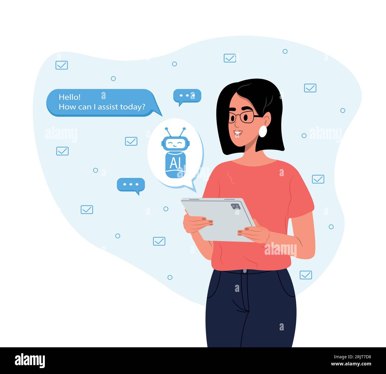 Woman uses the technology of a smart AI robot. Chat concept, artificial intelligence. Dialogue between the AI assistant and the user in the messenger. Stock Vector