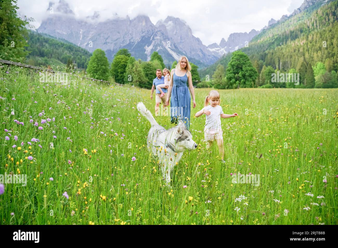 Family walking with dog amidst flowers in front of mountains Stock Photo