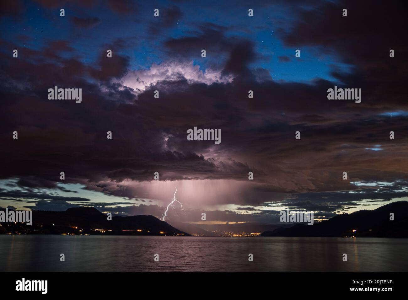 A stunning shot of a lightning storm over Okanagan Lake, British Columbia, Canada Stock Photo
