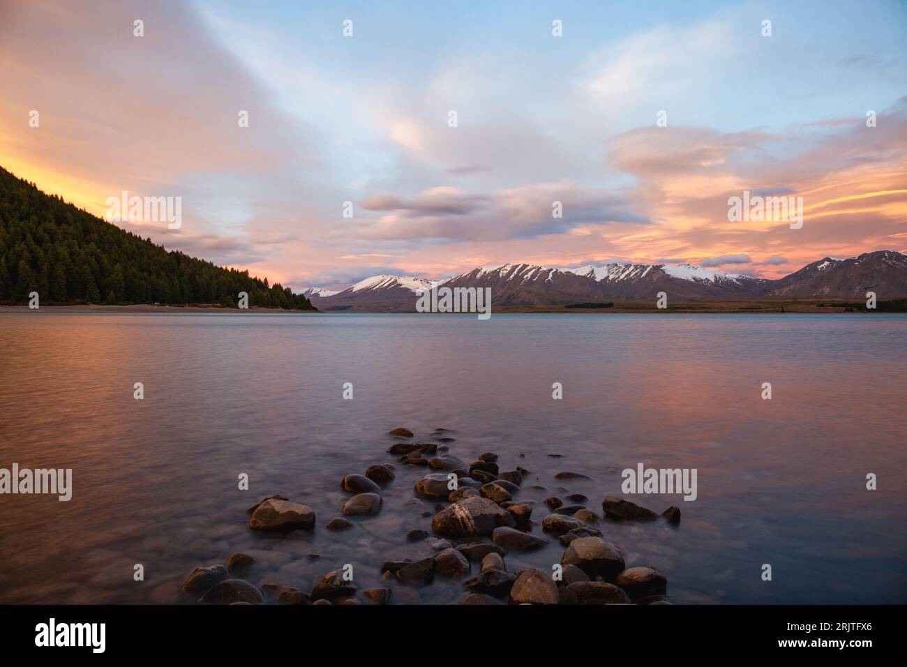 An aerial view of a beautiful Sunrise at Lake Tekapo, New Zealand Stock ...
