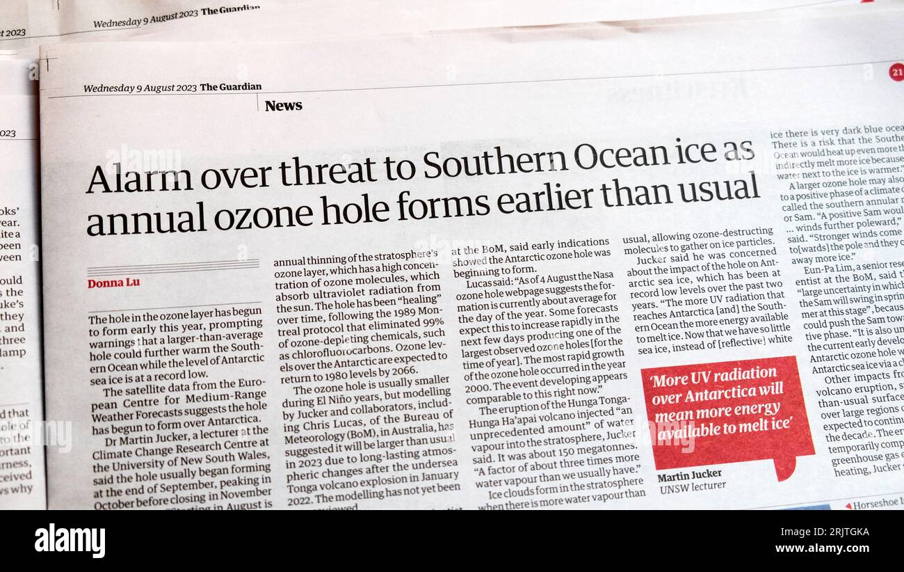 'Alarm over threat to Southern Ocean ice as annual ozone hole forms earlier than usual' Guardian newspaper headline Antarctica article August 2023 UK Stock Photo