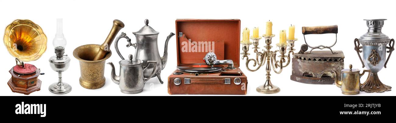 Set of retro household items isolated on white background. Panoramic collage. Place for your text. Wide photo Stock Photo