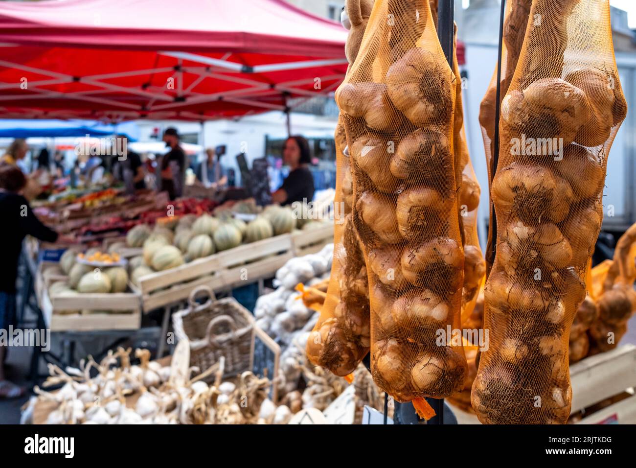 Fresh Garlic For Sale, At The Saturday Market In Dieppe, Seine-Maritime Department, France. Stock Photo