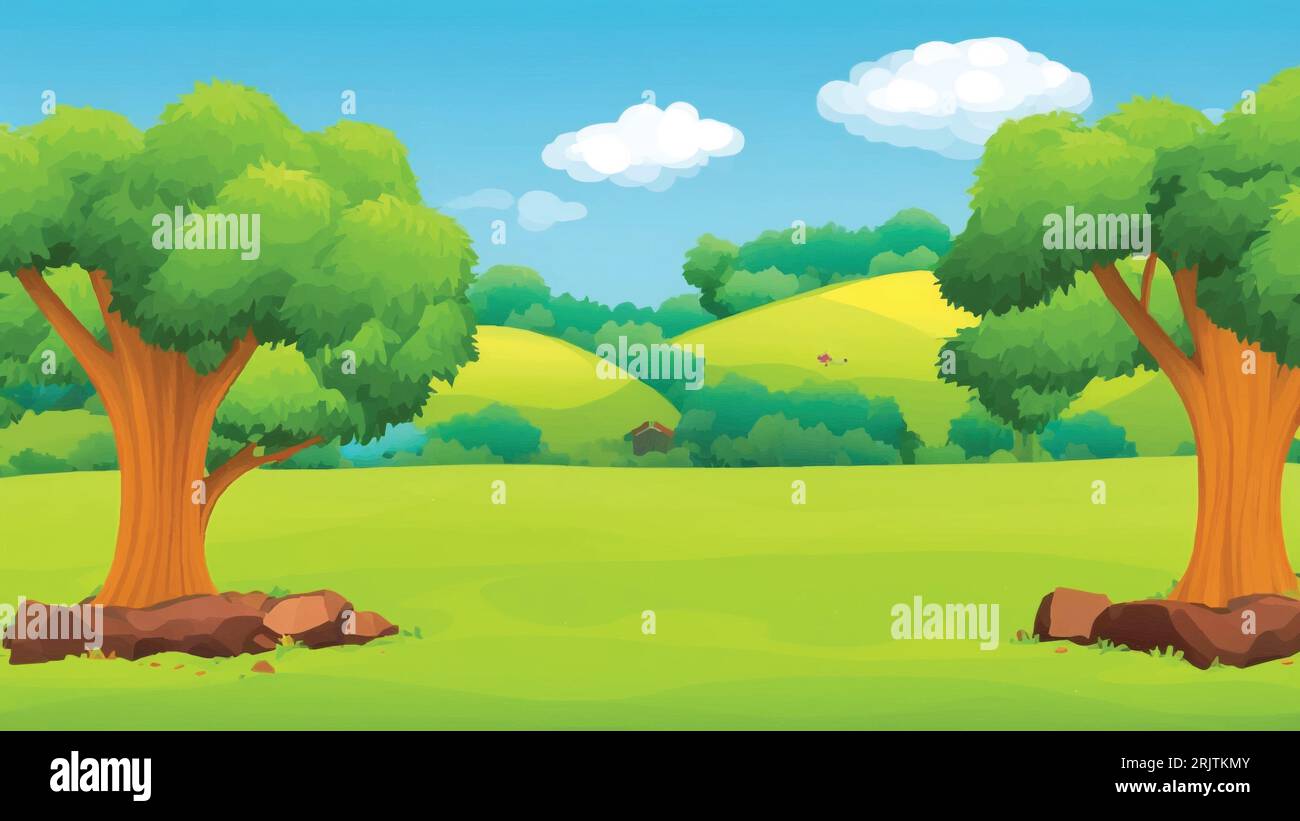 A cartoon green landscape with trees and rocks, background Stock Vector