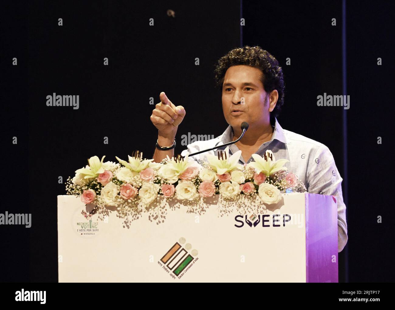 New Delhi, India. 23rd Aug, 2023. NEW DELHI, INDIA - AUGUST 23: Former cricketer Sachin Tendulkar during an event where he was recognised as the 'National Icon' of the Election Commission to encourage greater voter participation in the electoral process at Akashwani Bhawan, on August 23, 2023 in New Delhi, India. (Photo by Sanjeev Verma/Hindustan Times/Sipa USA) Credit: Sipa USA/Alamy Live News Stock Photo