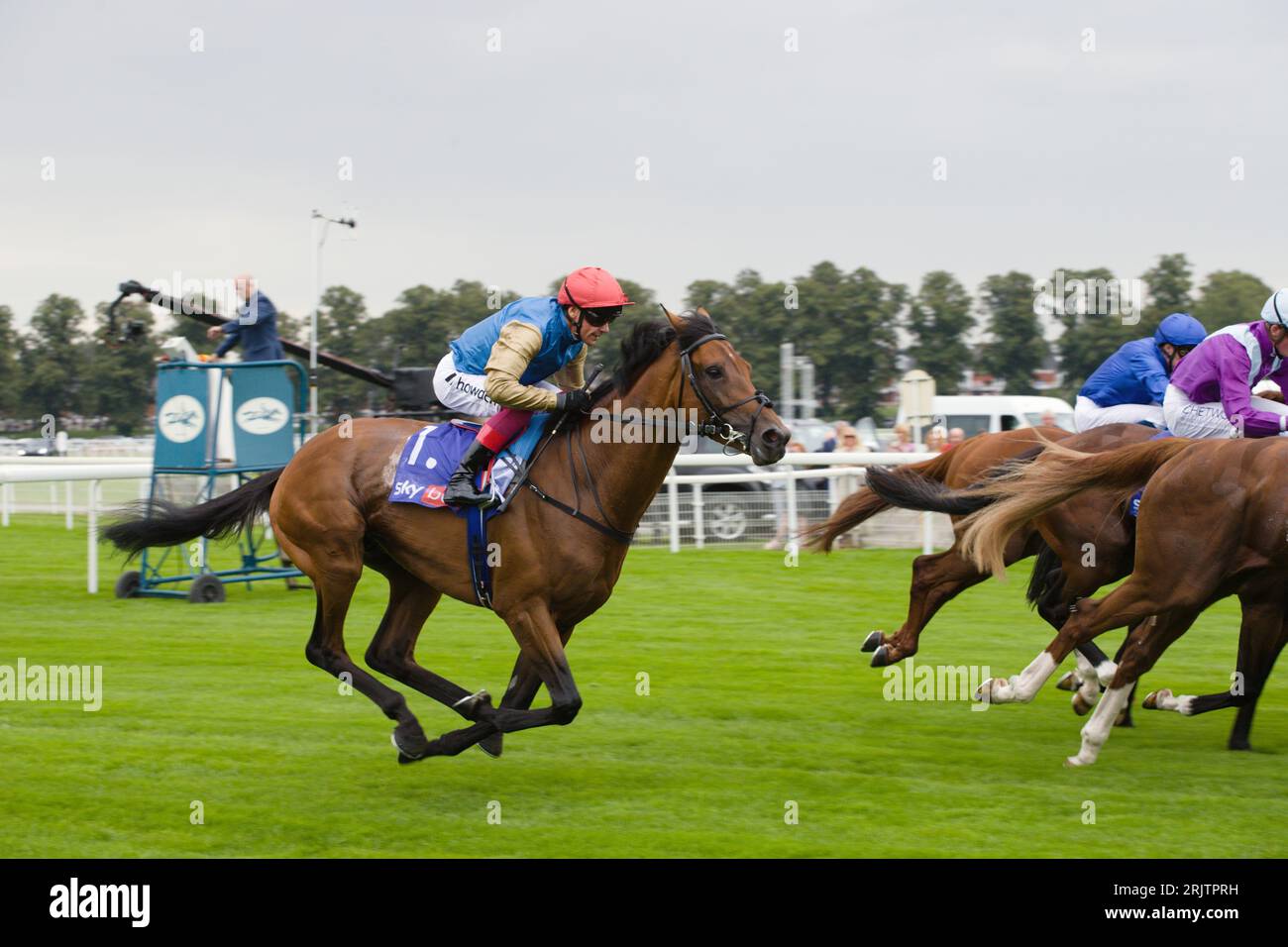 York, UK. 23rd Aug, 2023. Jockey Frankie Dettori on Gregory galloping from the starting gates during the Sky Bet Great Voltigeur Stakes at York. Credit: Ed Clews/Alamy Live News. Stock Photo