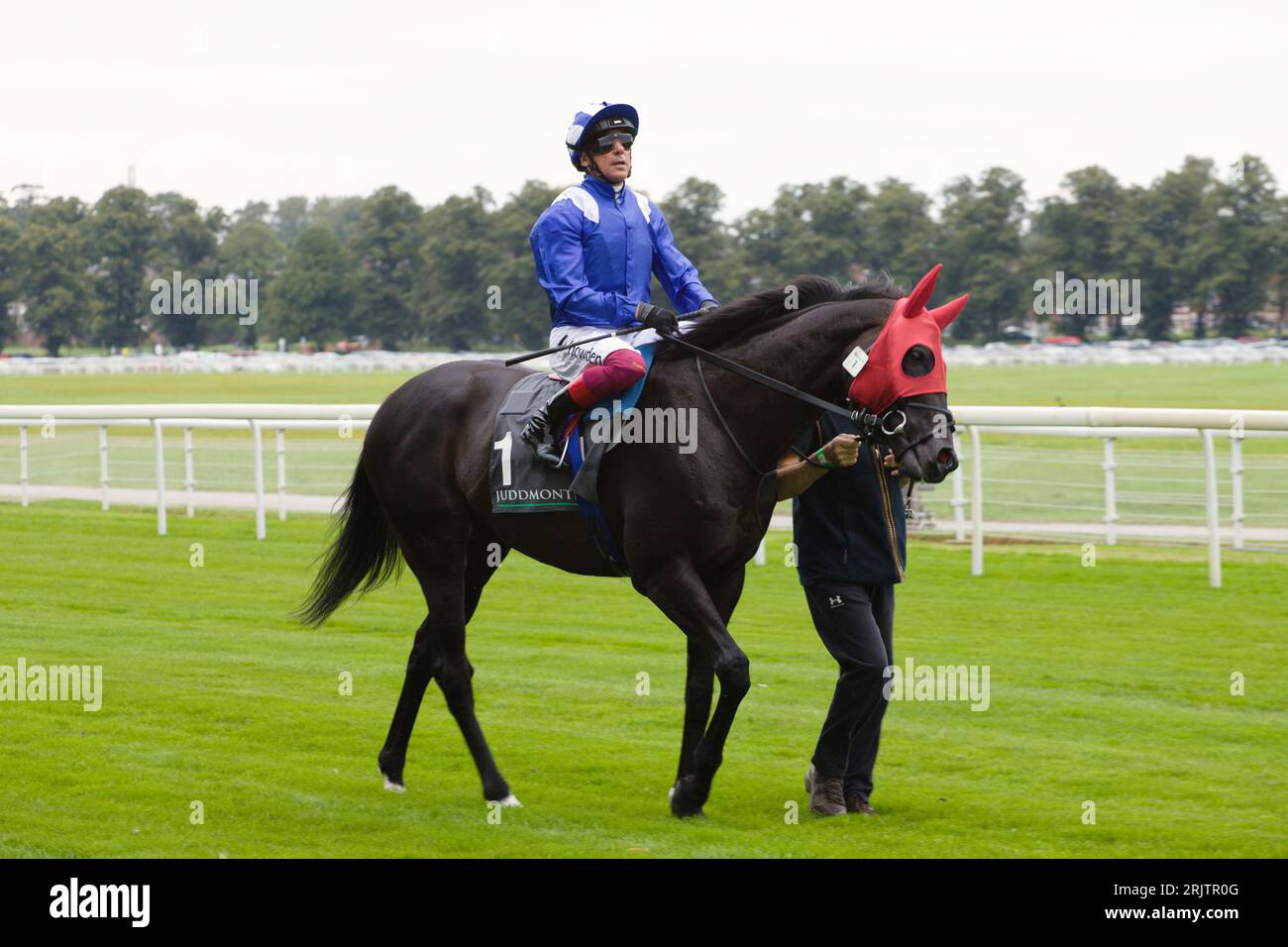 York, UK. 23rd Aug, 2023. Frankie Dettori on Mostahdaf before the start of the Juddmonte International Stakes at York Races during the Ebor Festival. Credit: Ed Clews/Alamy Live News. Stock Photo