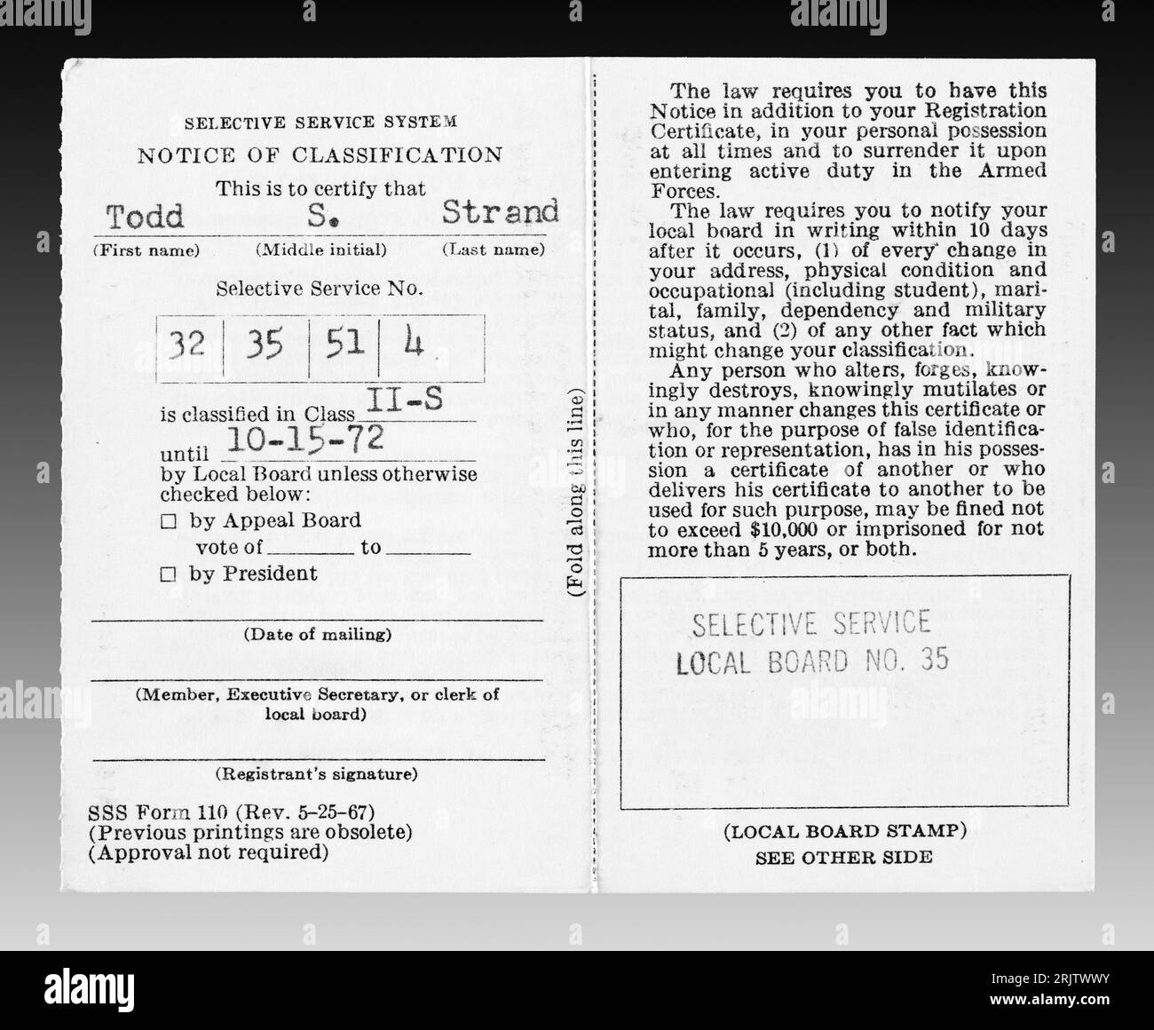 United States Selective Service System draft card from the Vietnam War era with a classification of II-S.  2-S classification indicated the registered Stock Photo