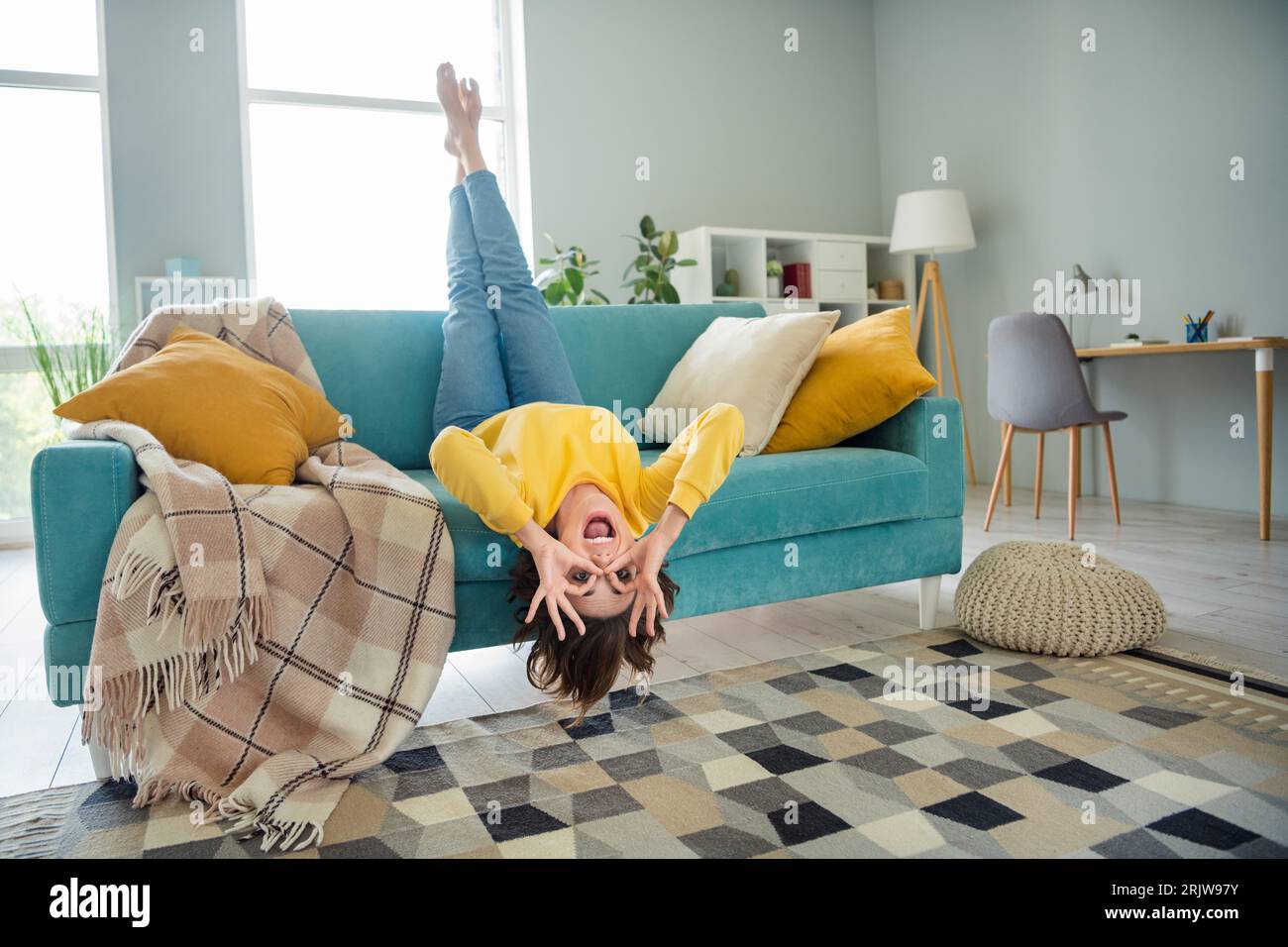 Full length portrait of cheerful careless person fingers make