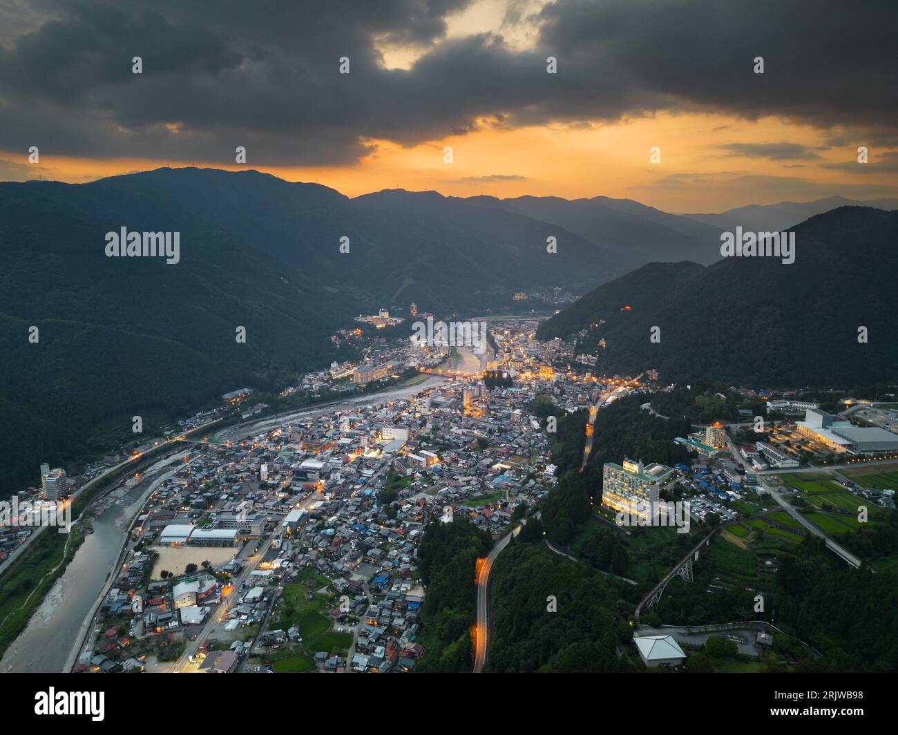 Gero, Gifu, Japan at dusk from the mountains. Stock Photo