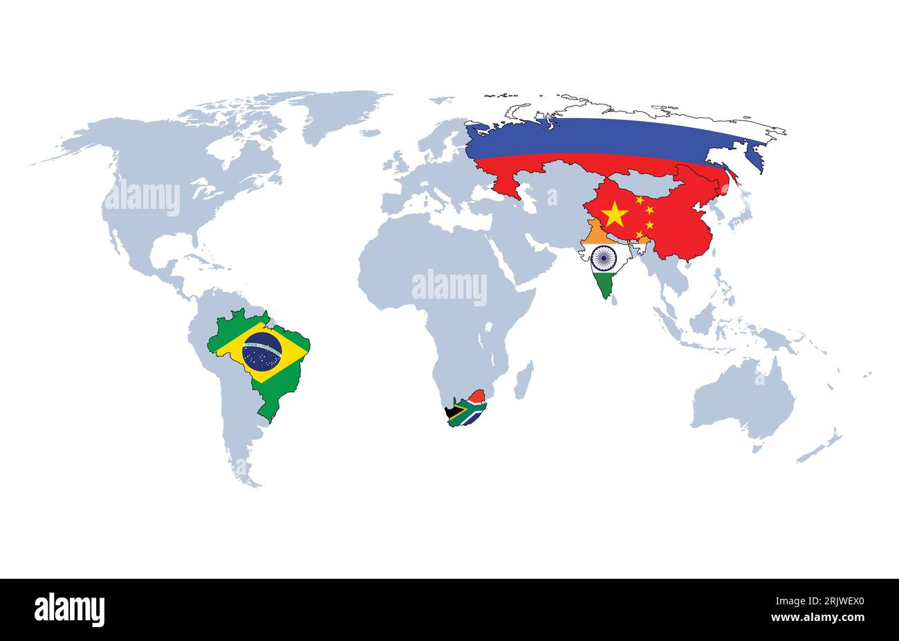 BRICS member countries maps with flags isolated in white Stock Photo