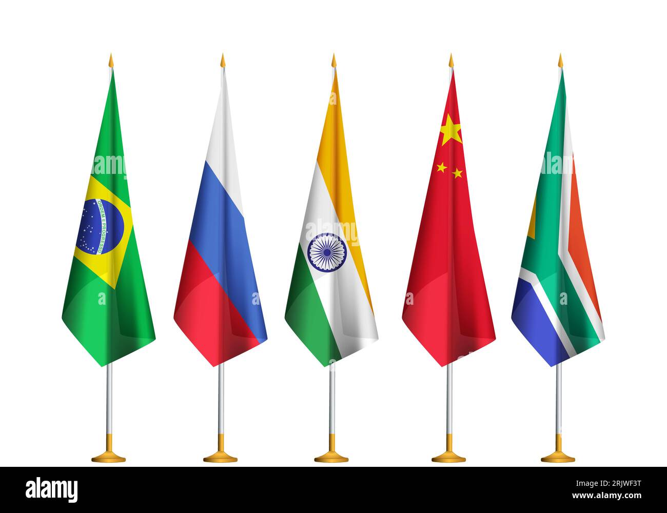 Flags of BRICS countries together.Brazil,Russia,India,China,South Africa table flags isolated on white Stock Photo