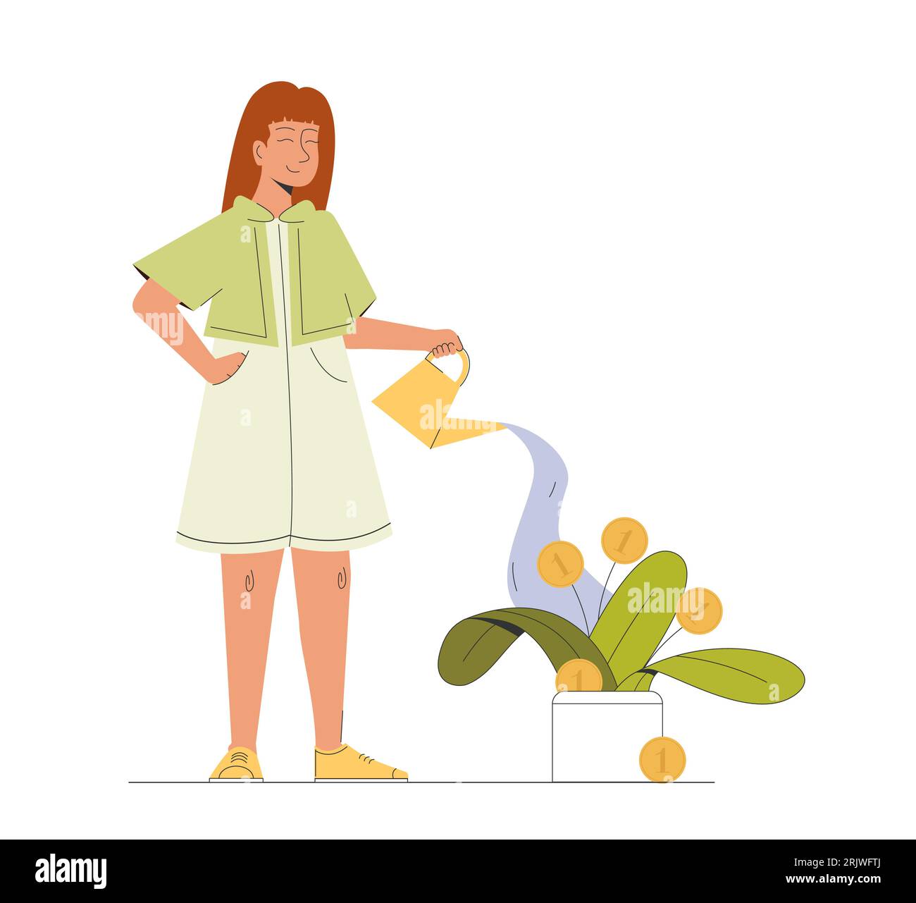 Girl is watering a money tree vector illustration. Business investment profit Stock Vector