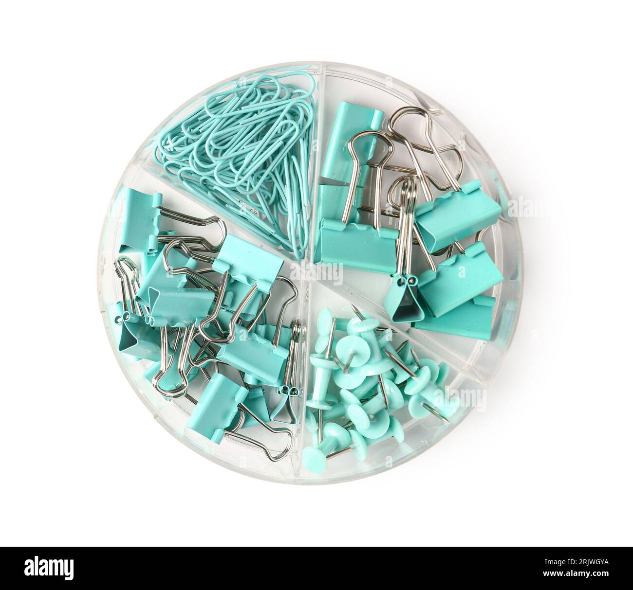 Set of turquoise paper clips, binders and pins on white background