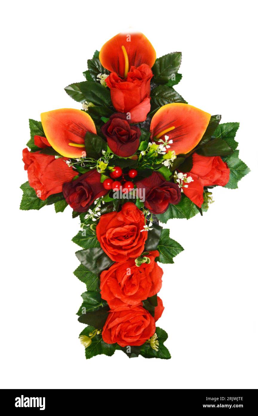 Funeral flower cross tribute isolated on white background Stock Photo