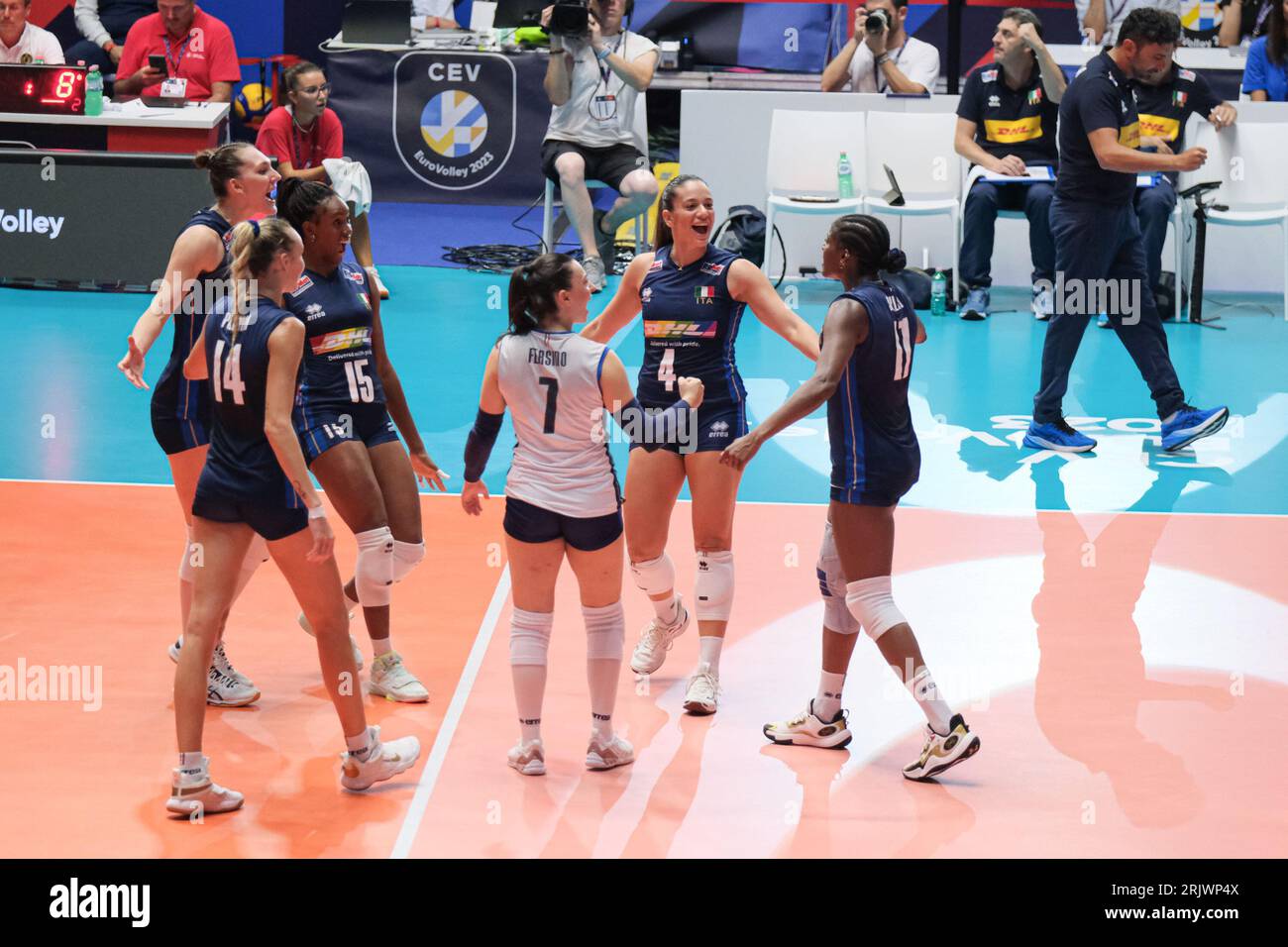 Turin, Italy. 22nd Aug, 2023. Italy National Team celebrates during the Final Round Day 7 of the Women's CEV Eurovolley 2023 between Italy vs Bosnia & Herzegovina. Italy national team beats Bosnia & Herzegovina with a score 3-0 (Photo by Davide Di Lalla/SOPA Images/Sipa USA) Credit: Sipa USA/Alamy Live News Stock Photo