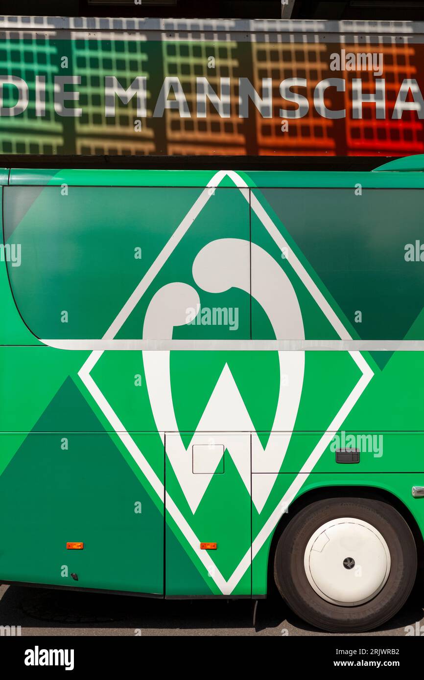 Bremen, Germany, August 22th 2023. Bremen Werder bus in the parking lot. Football club transport with emblem Stock Photo