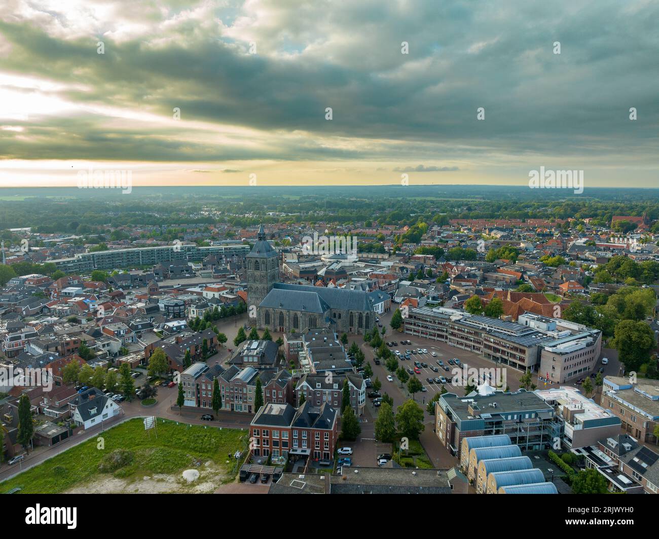 aerial photo of the St Plechelmus church in Oldenzaal, the Netherlands. The Holy Plechelmus was a monk, bishop and missionary who worked in the Franki Stock Photo