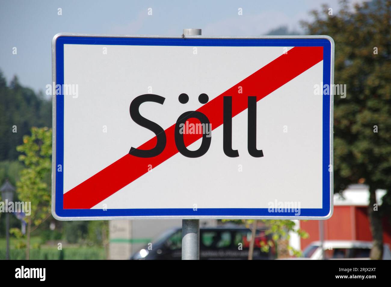 Söll, Austria, Söll Town Sign with blue surround. Stock Photo