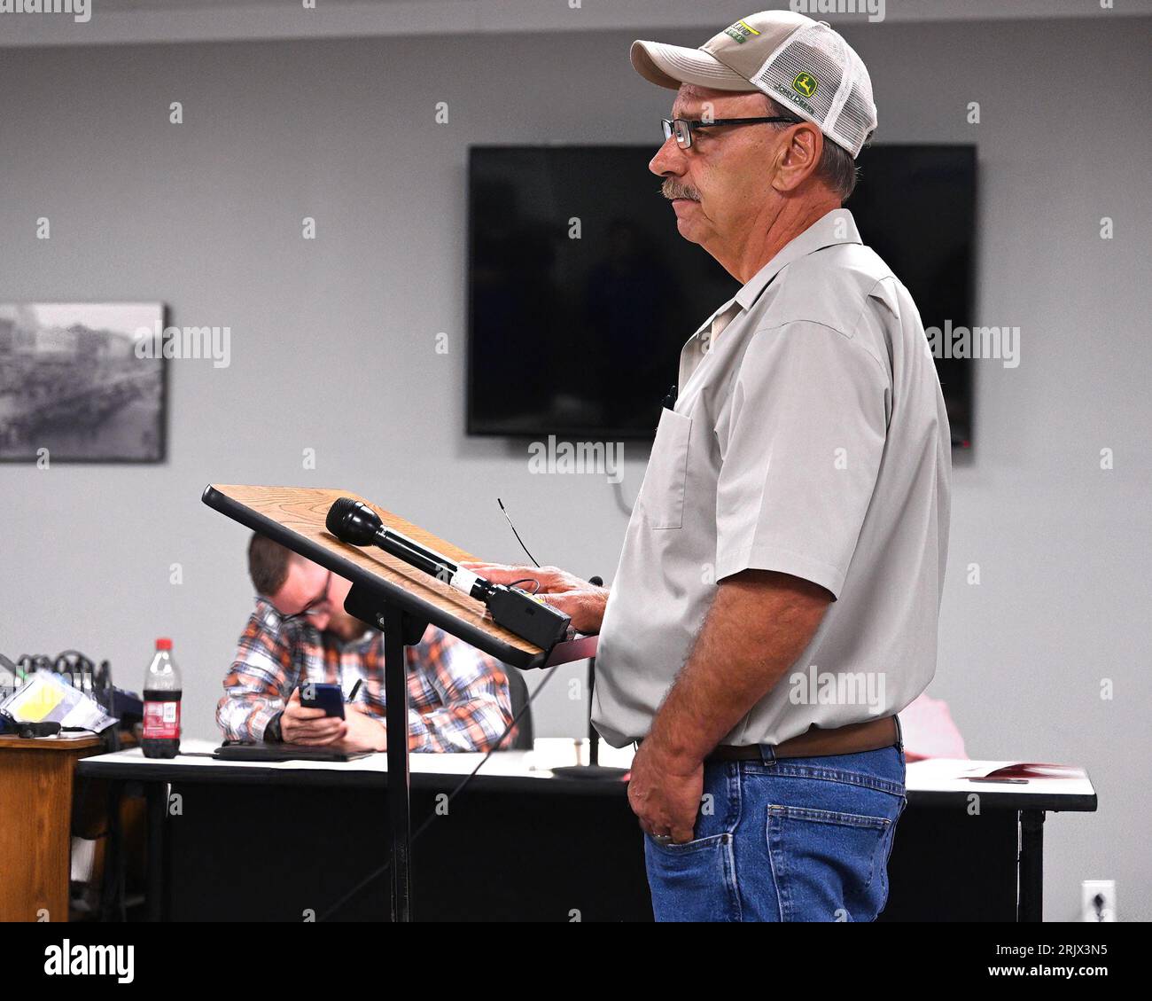 MARION, KANSAS - AUGUST 21, 2023 Darwin Markley a member of the Marion planning and zoning board tells the city council  that they should fire Marion Police Chief Gideon Cody “As far as Chief Cody goes, he can take his high horse he brought into this community and giddy up on out of town” Stock Photo