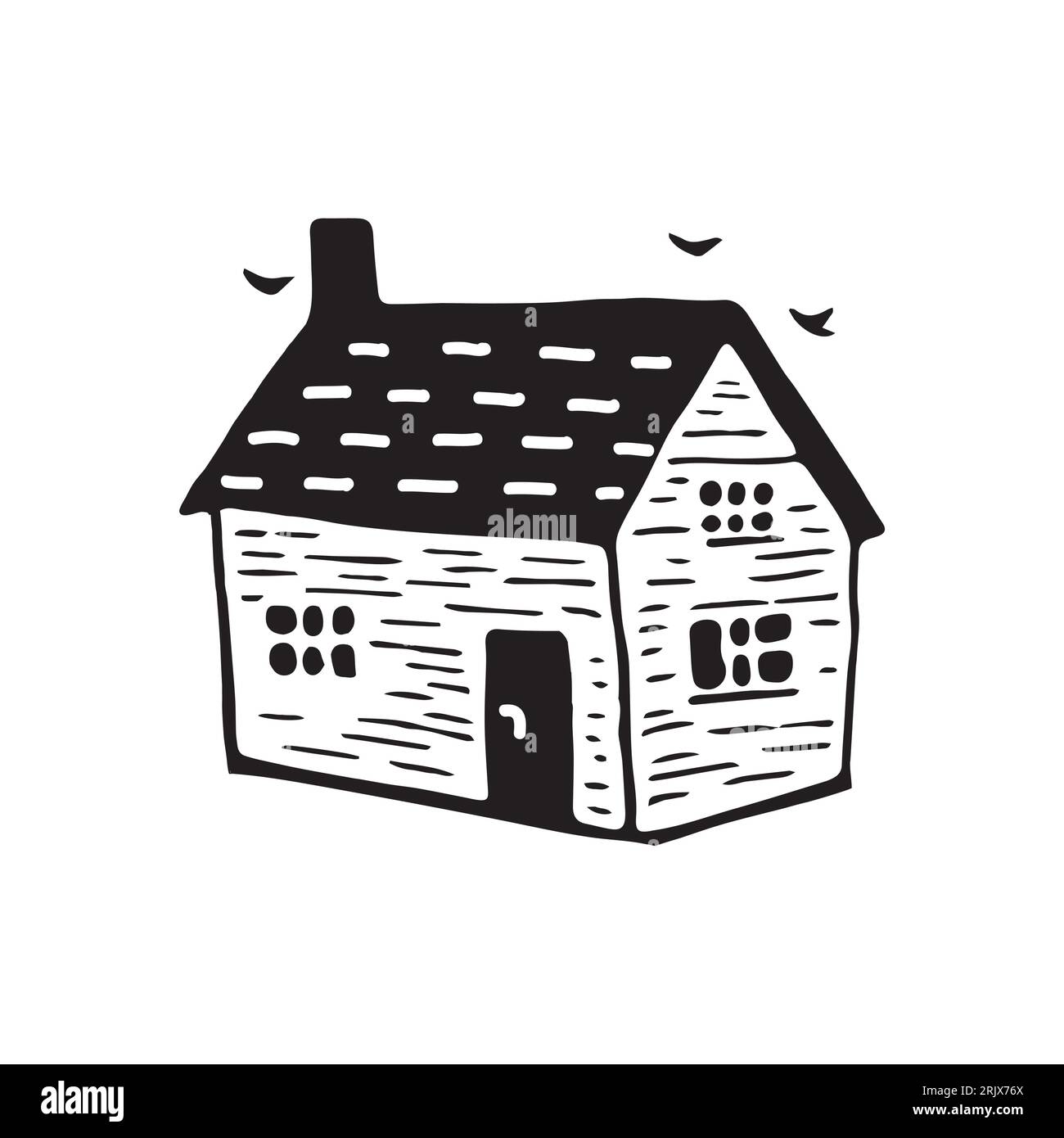 Whimsical beach hut block print illustration for tropical travel