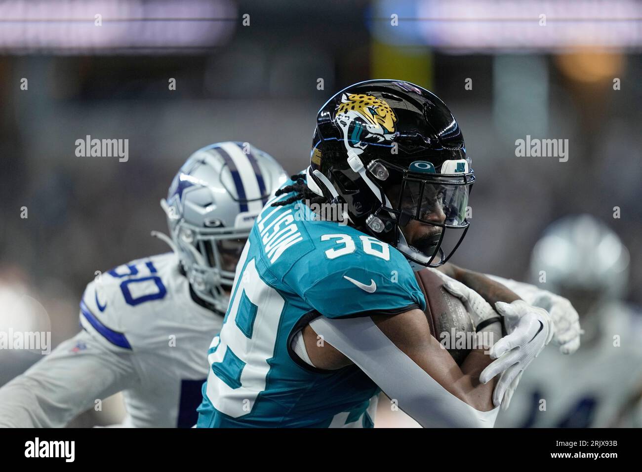 Jacksonville Jaguars running back Qadree Ollison (38) is seen during the  second half of an NFL football game against the Dallas Cowboys, Saturday,  Aug. 12, 2023, in Arlington, Texas. Jacksonville won 28-23. (