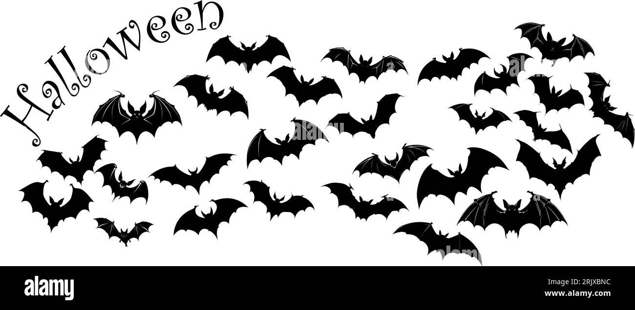 Terrifying black bats flock isolated on white vector. Halloween background. Flying fox night creatures illustration. Silhouettes of flying bats Stock Vector
