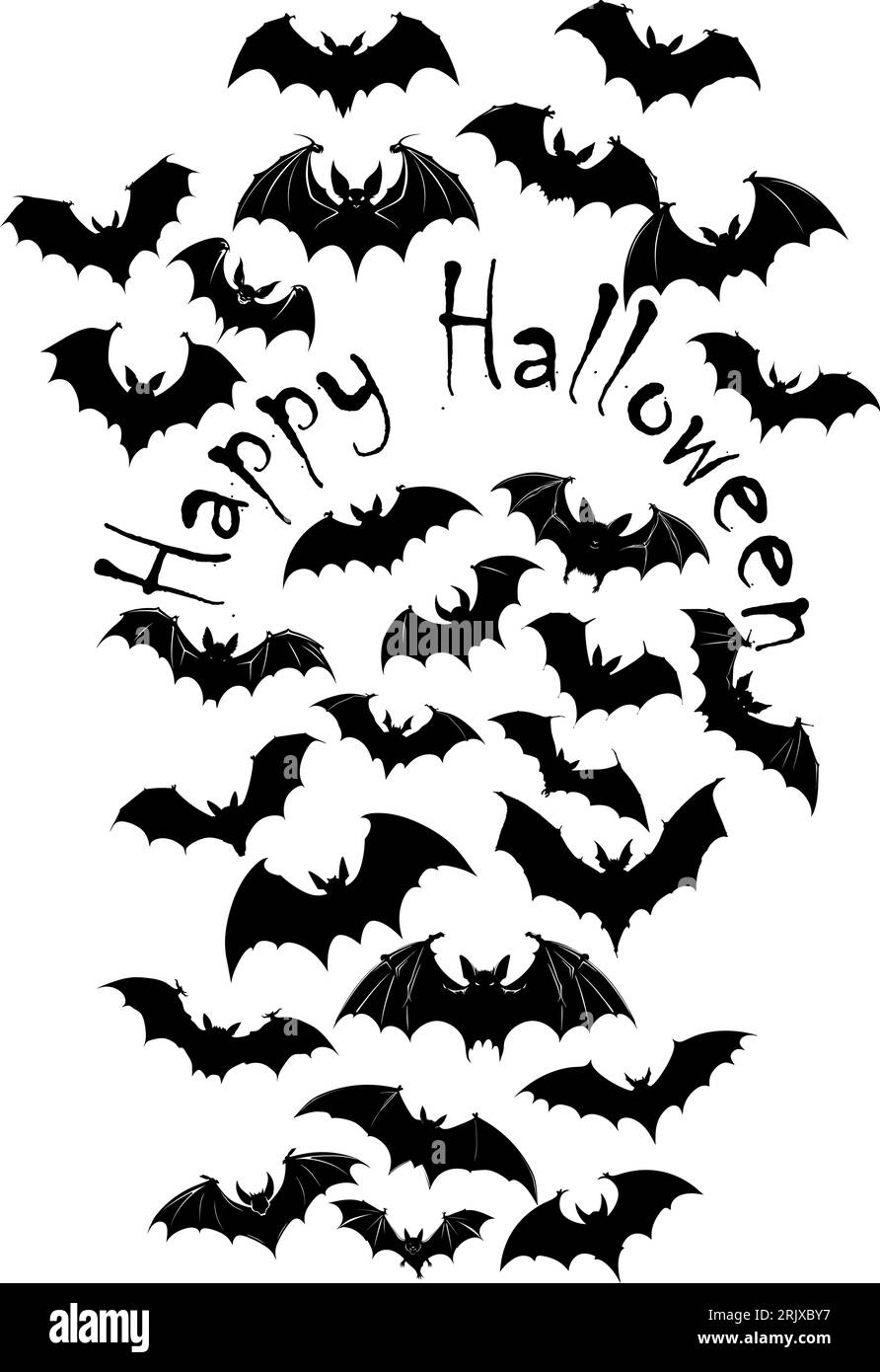 Horrific black bats swarm isolated on white vector Halloween background. Flying fox night creatures illustration. Silhouettes of flying bats Stock Vector