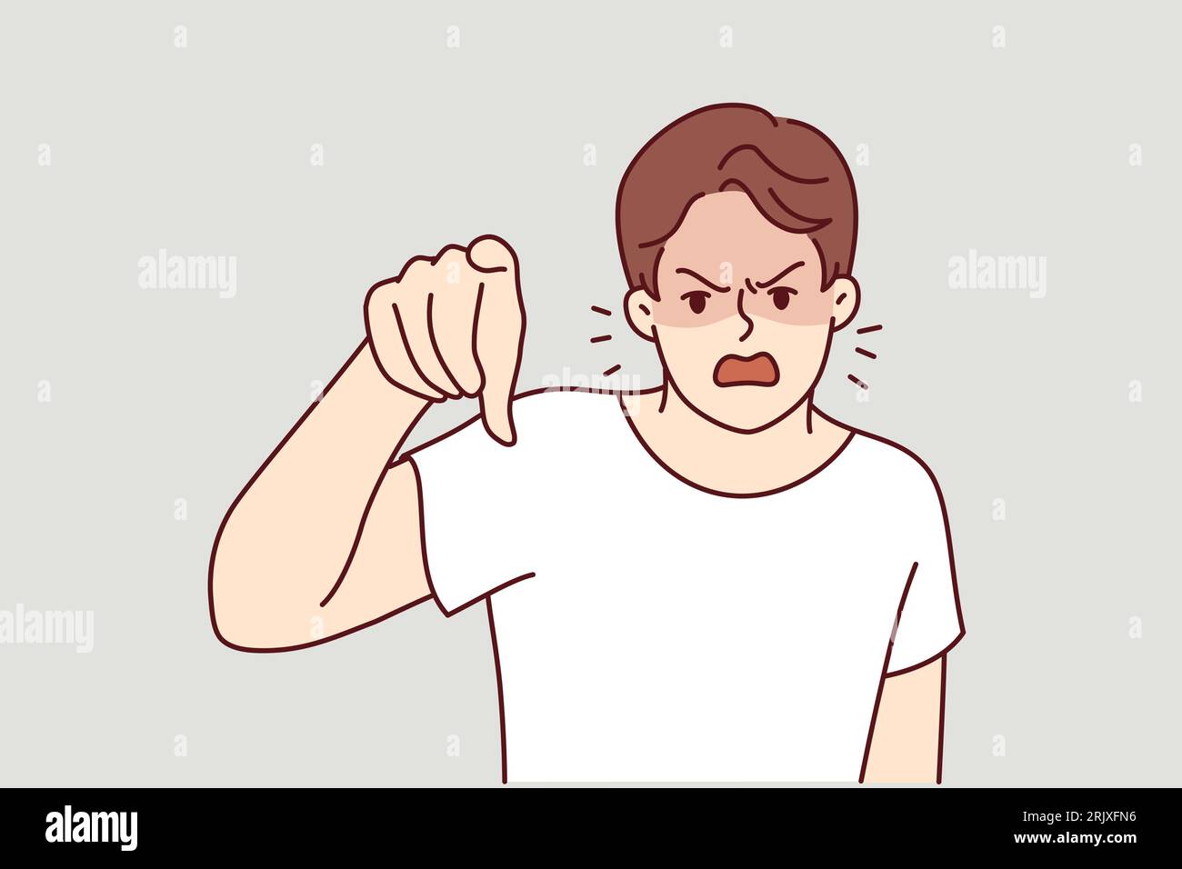 Angry man points finger at screen and screams furiously, blaming you for problems and urging to apologize. Angry guy is having nervous breakdown or trying to find someone to blame for own failures Stock Vector