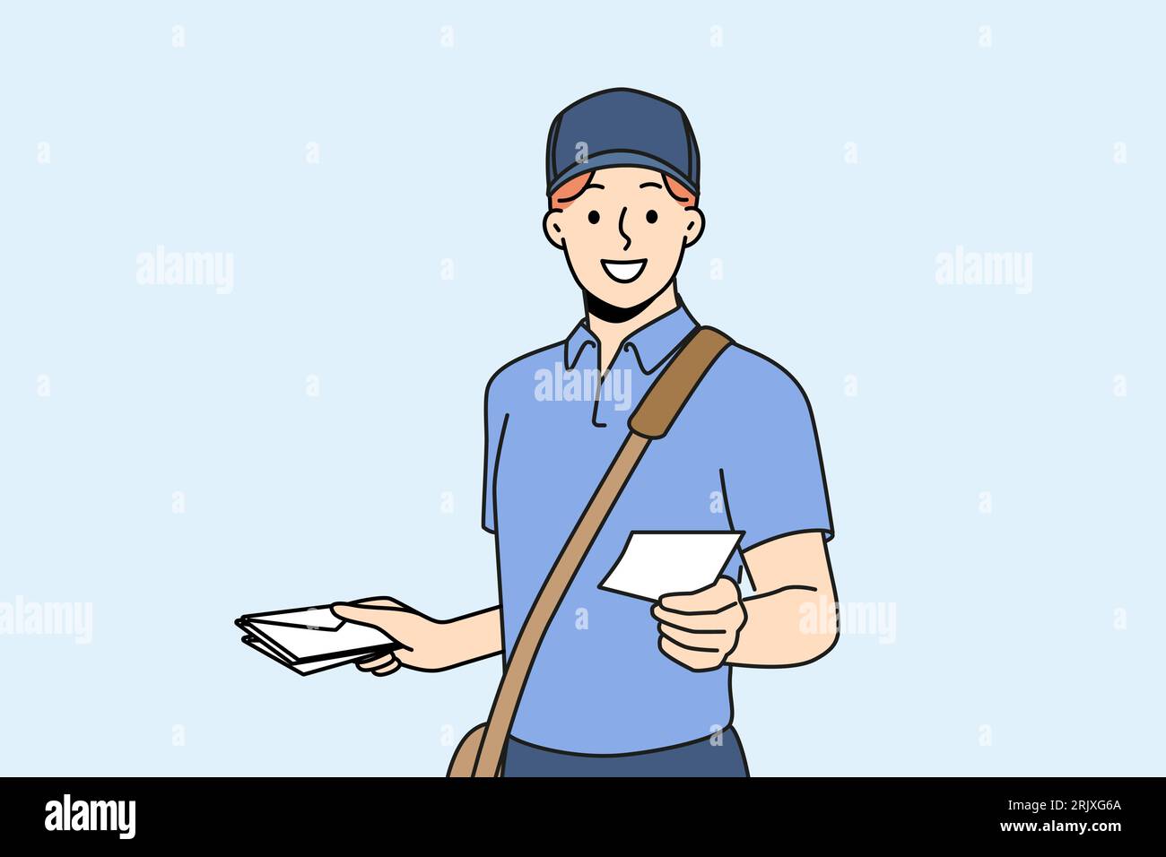 Guy works as postman and with smile holds out envelope with letter to screen, offering to use delivery correspondence. Man in postman clothes makes career in courier service or national postal company Stock Vector