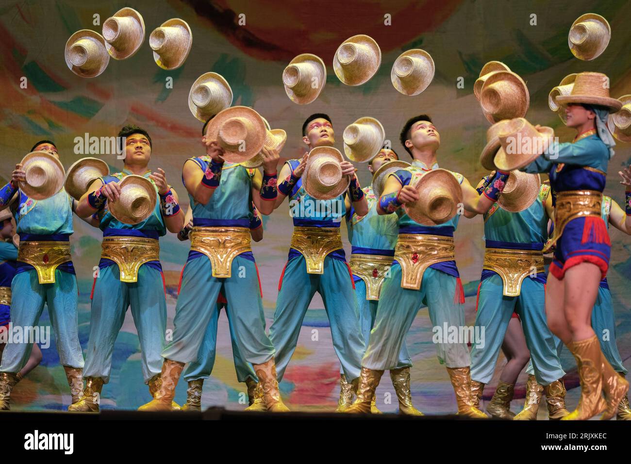 Crobats and dancers perform during the presentation of the 'Great Acrobatic Circus of China', at the EDP Gran Vía Theater, on August 23, 2023, in Madr Stock Photo