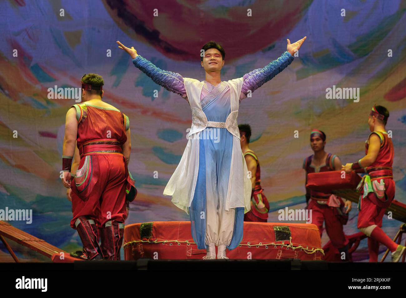 Crobats and dancers perform during the presentation of the 'Great Acrobatic Circus of China', at the EDP Gran Vía Theater, on August 23, 2023, in Madr Stock Photo