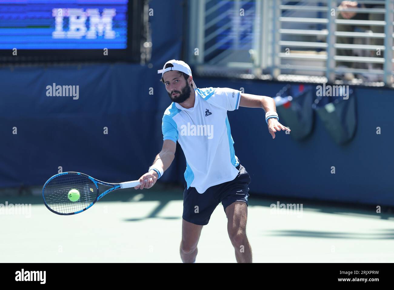 Titouan Droguet in action during a mens qualifying singles match at the 2023 US Open, Wednesday, Aug