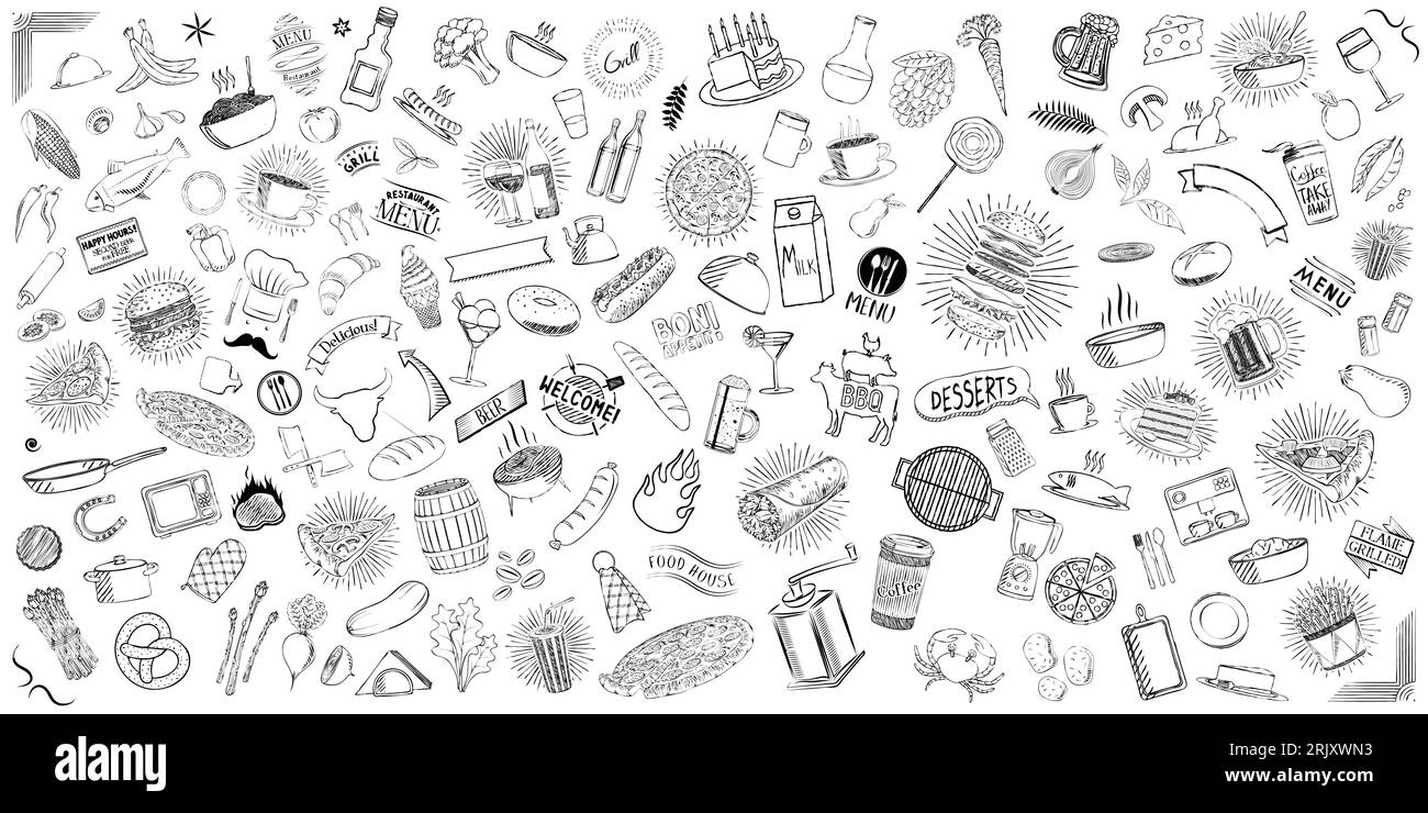 Set of restaurant doodles food and drinks on white background