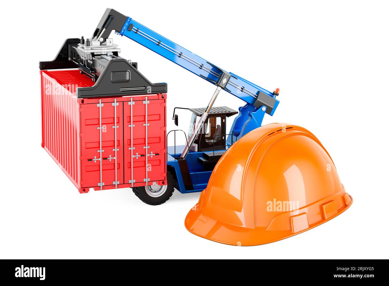 Forklift truck with cargo container and orange hard hat, 3D rendering
