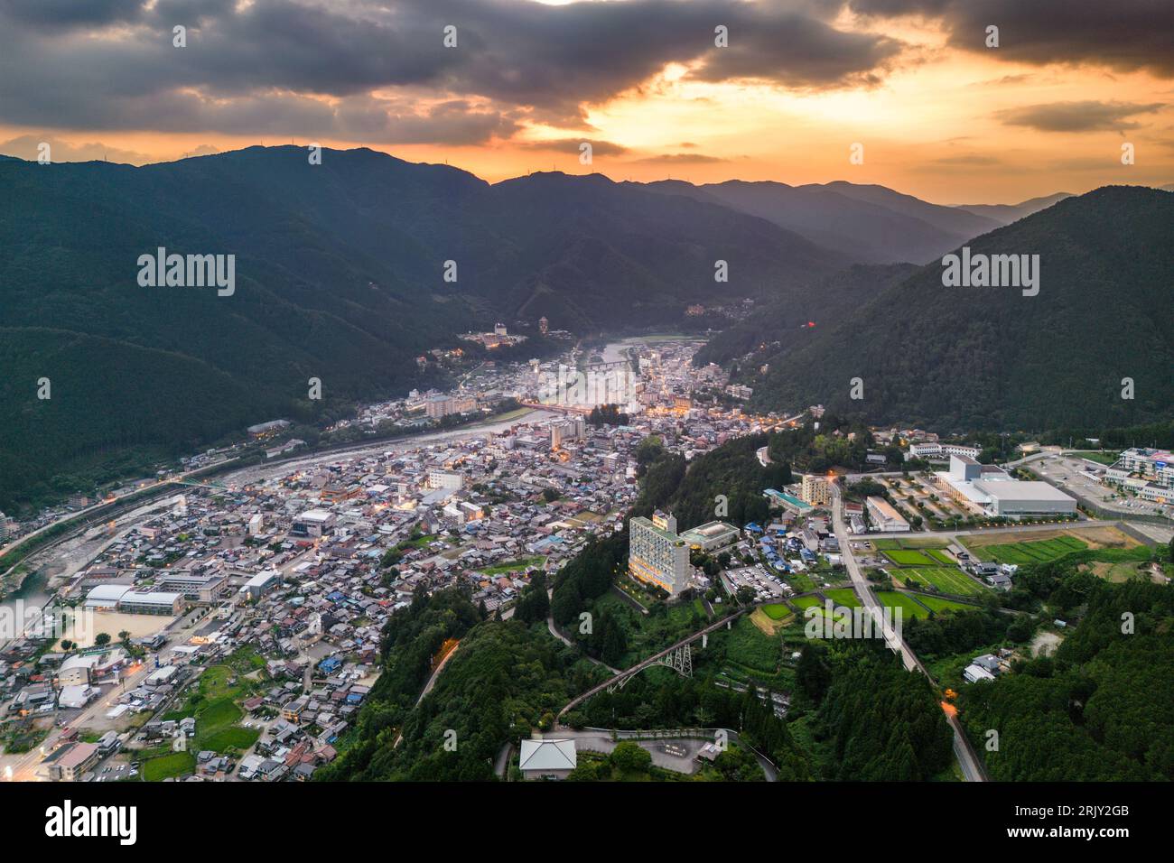 Gero, Gifu, Japan from the Mountains at Dusk. Stock Photo