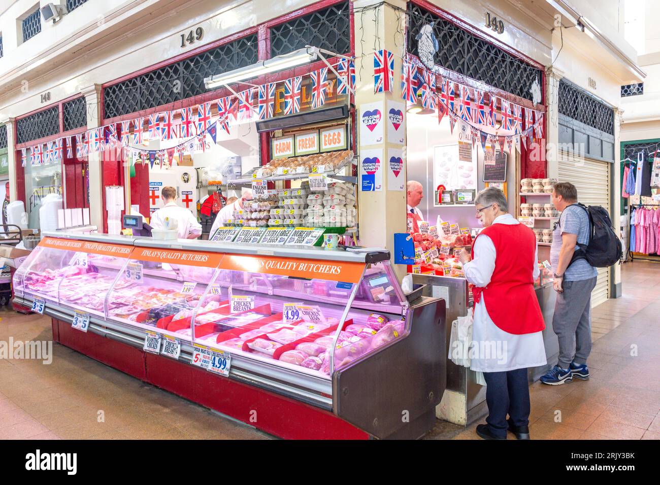 Finlay's Quality Butchers store, Grainger Market, Grainger Street, Grainger Town, Newcastle upon Tyne, Tyne and Wear, England, United Kingdom Stock Photo