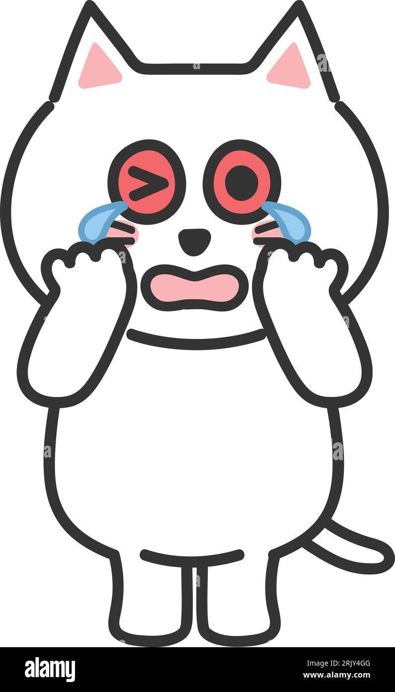 Crying white cat having bloodshot eyes, vector illustration Stock