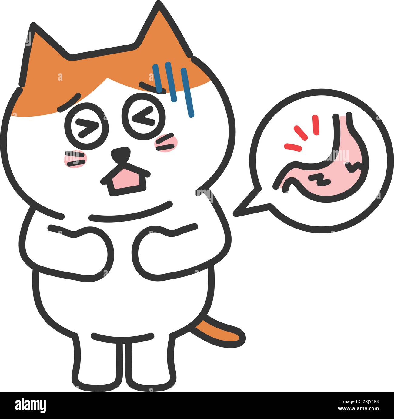 Cartoon orange tabby cat having a stomachache, vector illustration