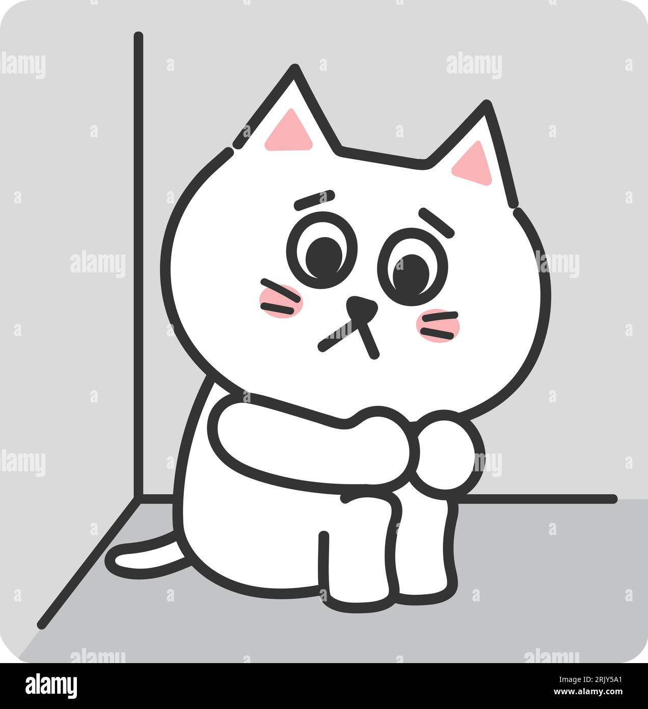 White cartoon cat having social anxiety, vector illustration Stock