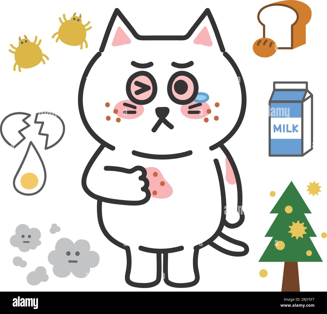 Itchy white cat has various allergic reactions, vector illustration