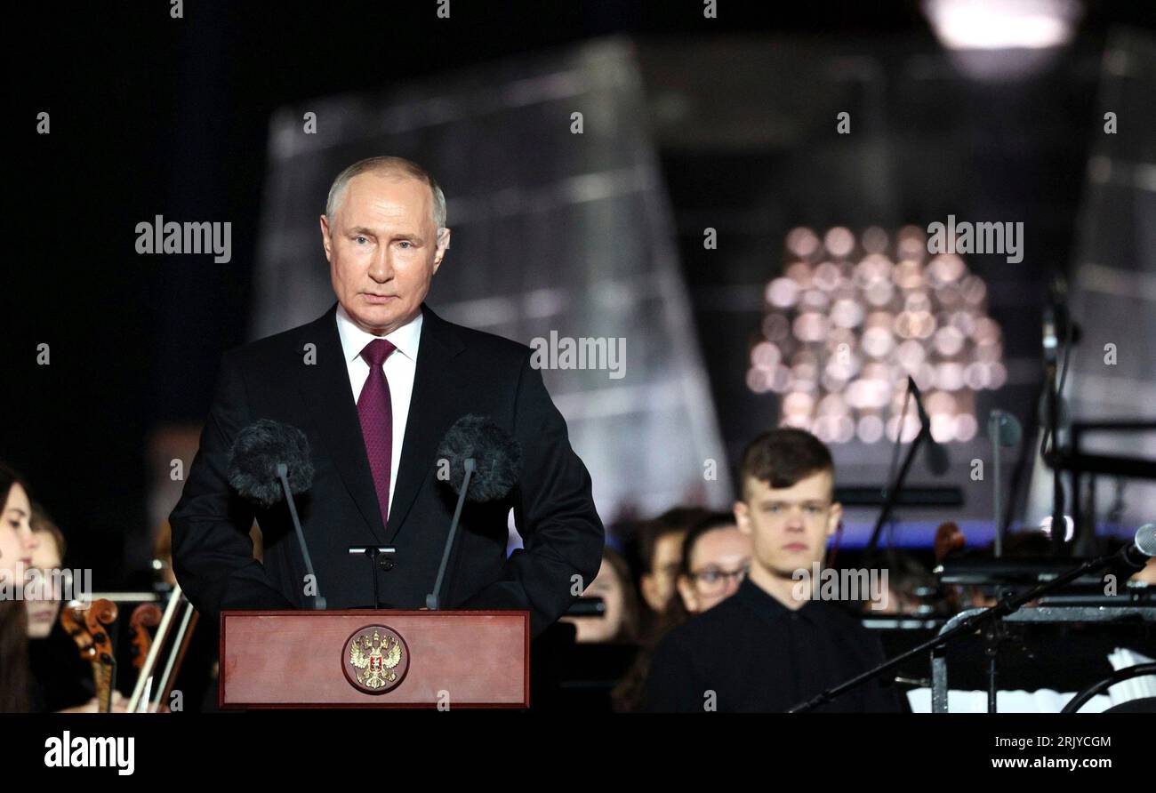 Ponyri, Russia. 23rd Aug, 2023. Russian President Vladimir Putin delivers remarks during a gala event celebrating the 80th anniversary of victory in the Battle of Kursk during World War Two, August 23, 2023 in Ponyri, Kursk Region, Russia. Credit: Maksim Blinov/Kremlin Pool/Alamy Live News Stock Photo
